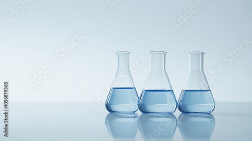 Three erlenmeyer laboratory flasks with blue liquid against a white background.