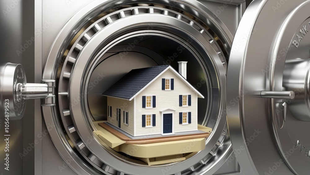 Fototapeta premium A miniature house is safely stored inside a vault, symbolizing the concept of protecting assets or investments.