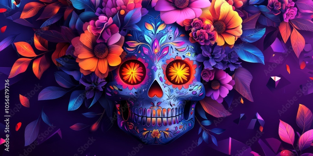 Mexican Skull with Floral Decorations on Purple Background Mexican Skull with Floral Decorations on Purple Background