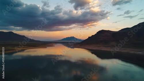 Tranquil Sunset over Mountain Lake