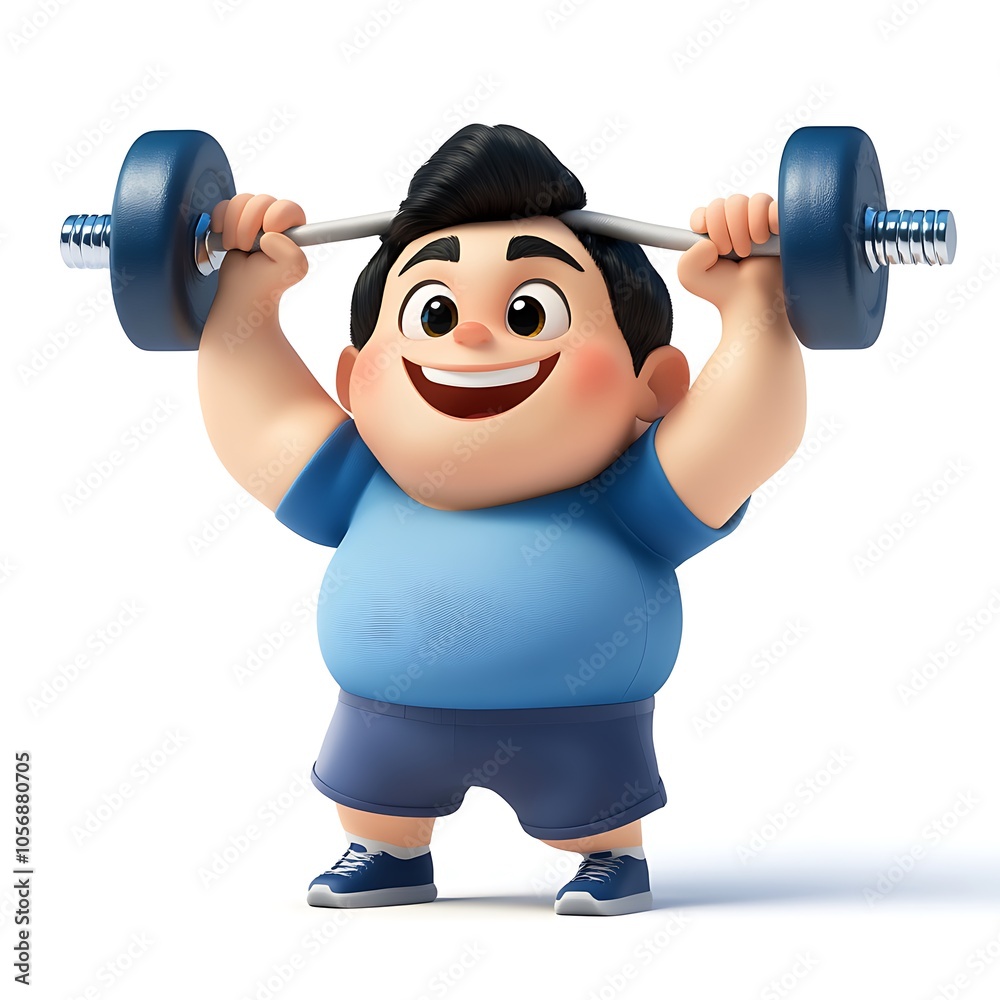 Obraz premium A cheerful cartoon character lifting dumbbells with a big smile on a white background.