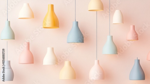 Minimal-style plastic pendant lamps in soft hues, arranged against a neutral background; subtle, clean lines with gentle lighting.