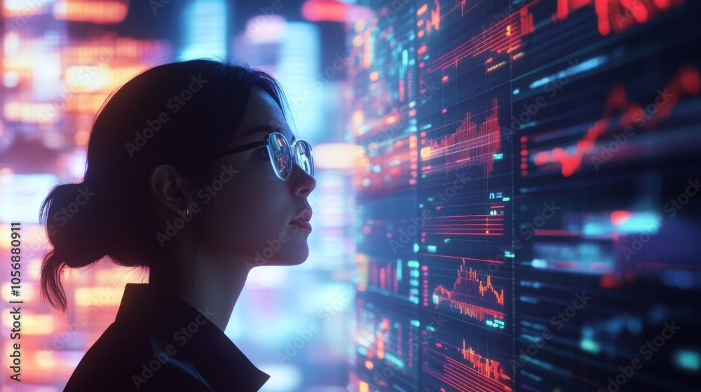 Woman with Glasses Looking at Neon Data Display Woman with Glasses Looking at Neon Data Display