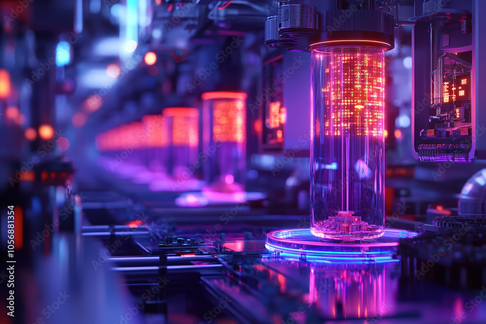A vibrant, futuristic laboratory scene featuring illuminated glass containers, showcasing advanced technology and innovative research in a colorful setting. A vibrant, futuristic laboratory scene featuring illuminated glass containers, showcasing advanced technology and innovative research in a colorful setting.