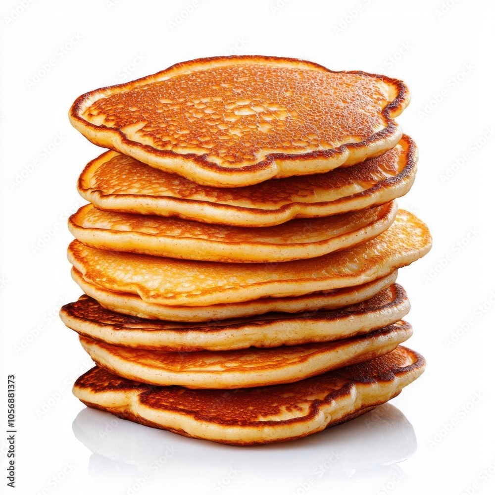 A photostock of freshly baked pancakes stacked on a white background, warm and fluffy. A photostock of freshly baked pancakes stacked on a white background, warm and fluffy.