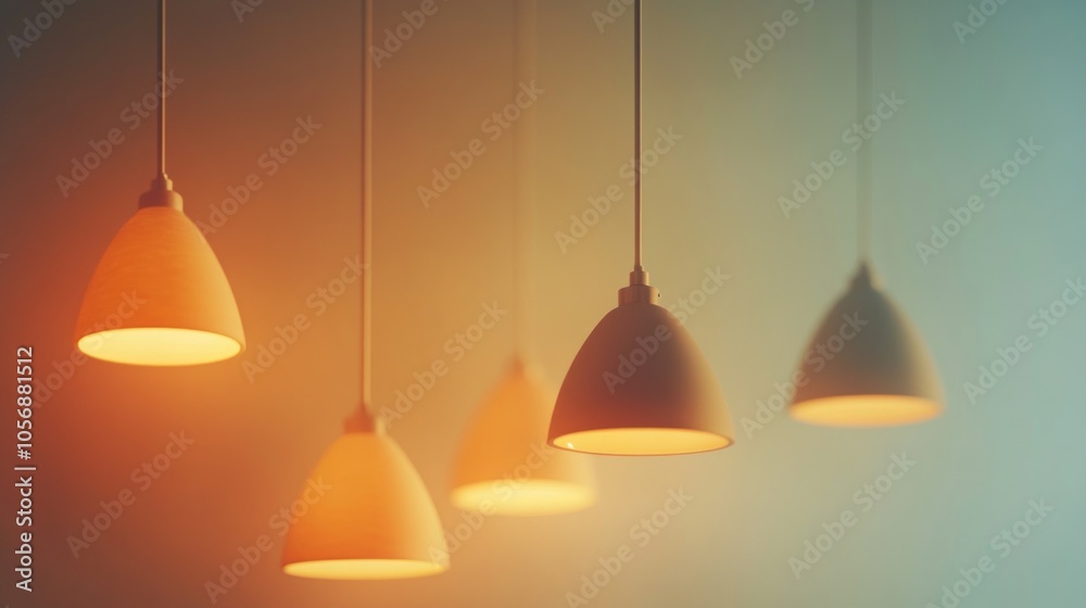 Soft-toned plastic pendant lamps in a minimalist style, glowing warmly against a light background; simple, modern composition Soft-toned plastic pendant lamps in a minimalist style, glowing warmly against a light background; simple, modern composition