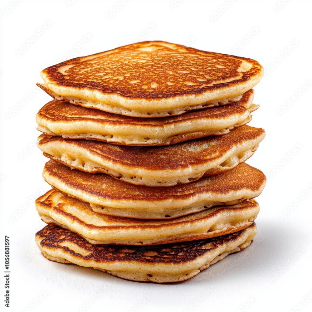 A photostock of freshly baked pancakes stacked on a white background, warm and fluffy. A photostock of freshly baked pancakes stacked on a white background, warm and fluffy.