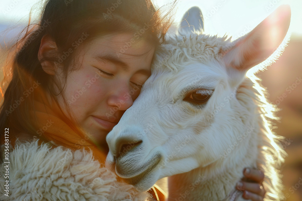 Naklejka premium Generated AI portrait of alpacas standing in rural countryside farm