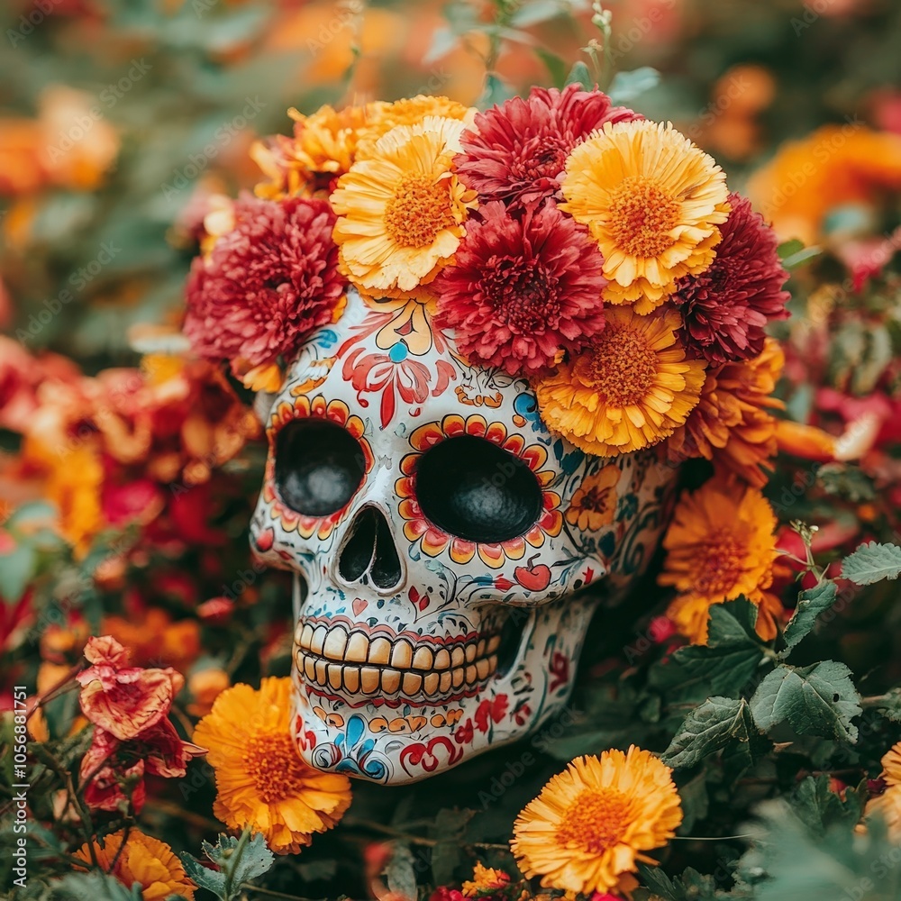 Mexican Skull with Floral Decorations on Purple Background Mexican Skull with Floral Decorations on Purple Background