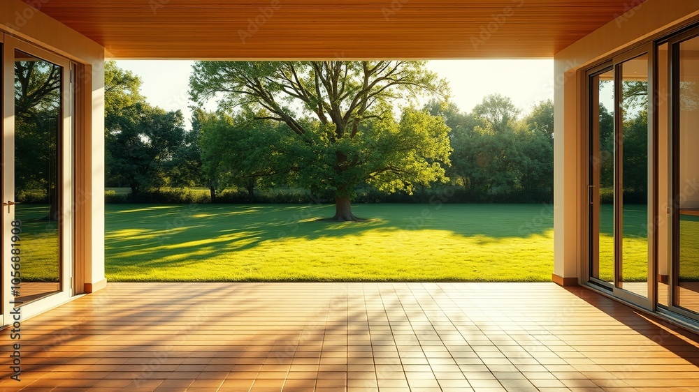 A sun-drenched patio with glass doors leading to a verdant lawn framed by a majestic tree A sun-drenched patio with glass doors leading to a verdant lawn framed by a majestic tree