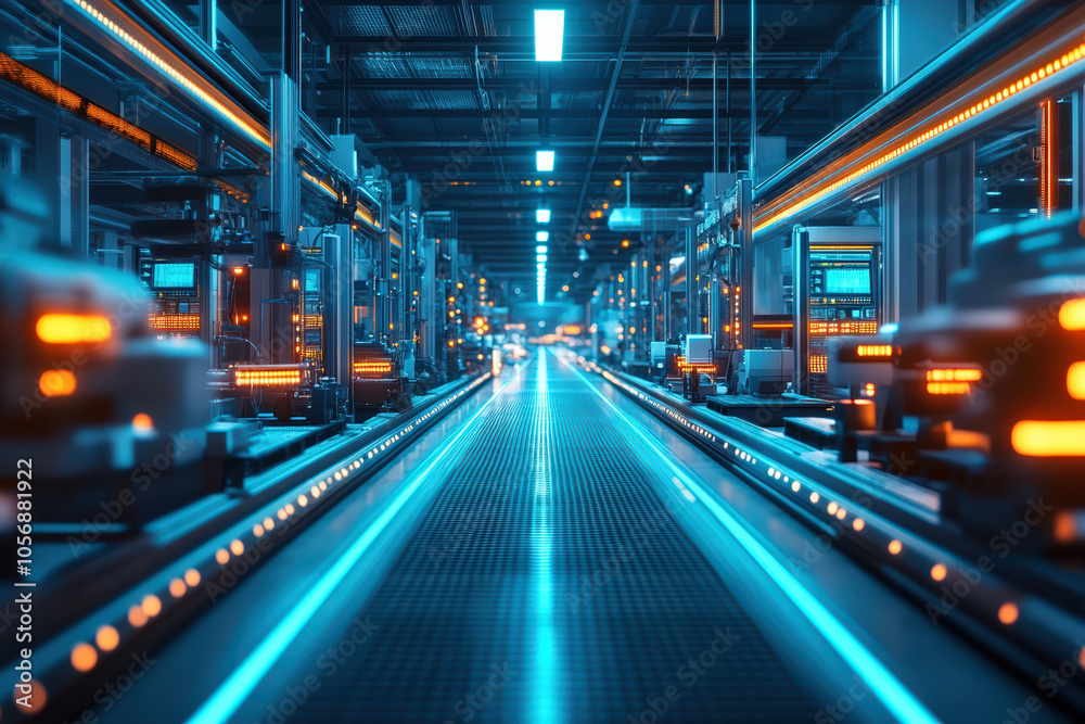 A futuristic factory scene showcasing illuminated conveyor belts and industrial machinery, emphasizing advanced technology in a dynamic workspace. A futuristic factory scene showcasing illuminated conveyor belts and industrial machinery, emphasizing advanced technology in a dynamic workspace.