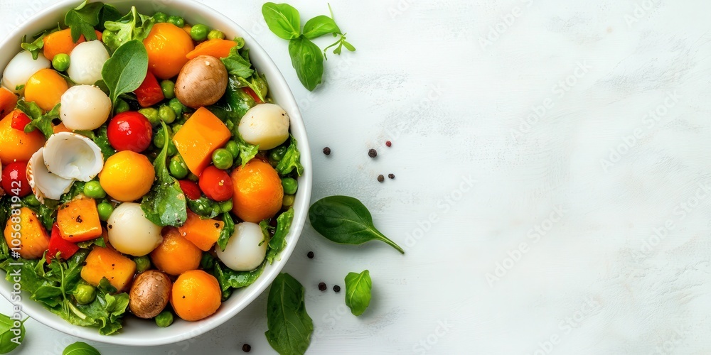 Fresh Summer Salad with Melon Peas Mushrooms and Basil in Bowl Fresh Summer Salad with Melon Peas Mushrooms and Basil in Bowl