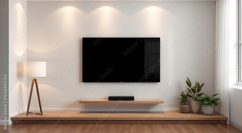 Modern living room with a flat screen tv, wooden shelves, and potted plants. Modern living room with a flat screen tv, wooden shelves, and potted plants.
