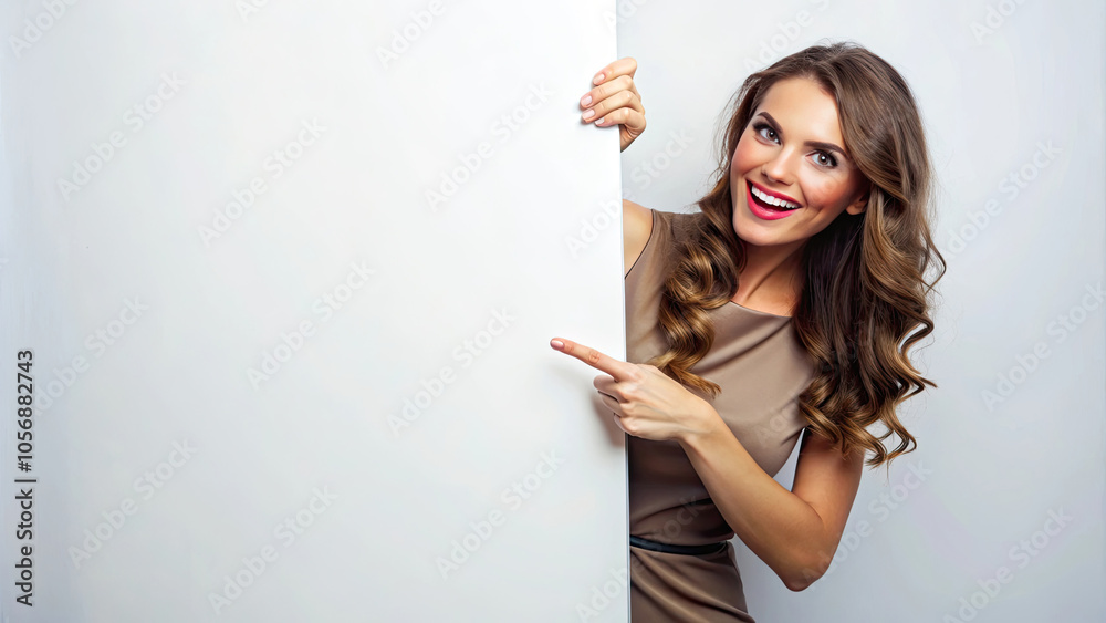 Woman pointing at a blank board marketing campaign Woman pointing at a blank board marketing campaign