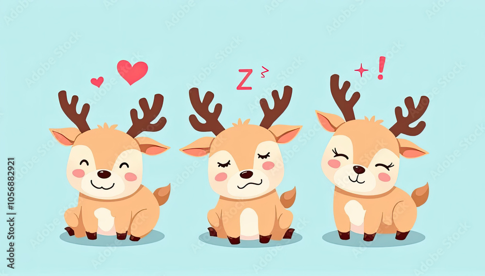 Kawaii Christmas Reindeer - Three Cute Reindeers Kawaii Christmas Reindeer - Three Cute Reindeers