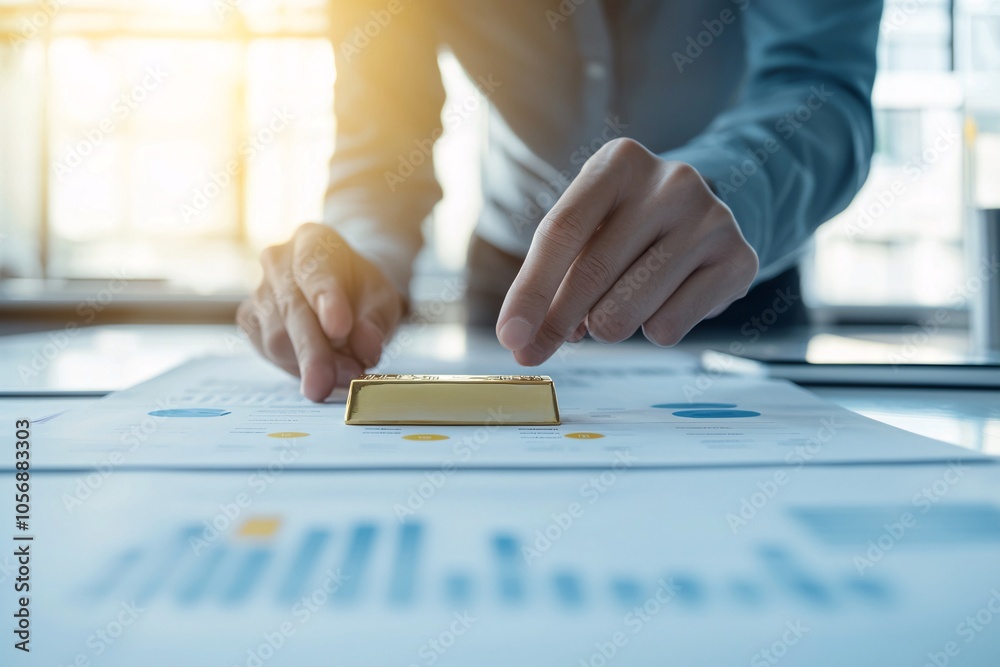 Hands carefully placing a gold bar on a risk evaluation document, signifying the importance of risk awareness in gold investments. The setup is surrounded by ample copy space. Hands carefully placing a gold bar on a risk evaluation document, signifying the importance of risk awareness in gold investments. The setup is surrounded by ample copy space.
