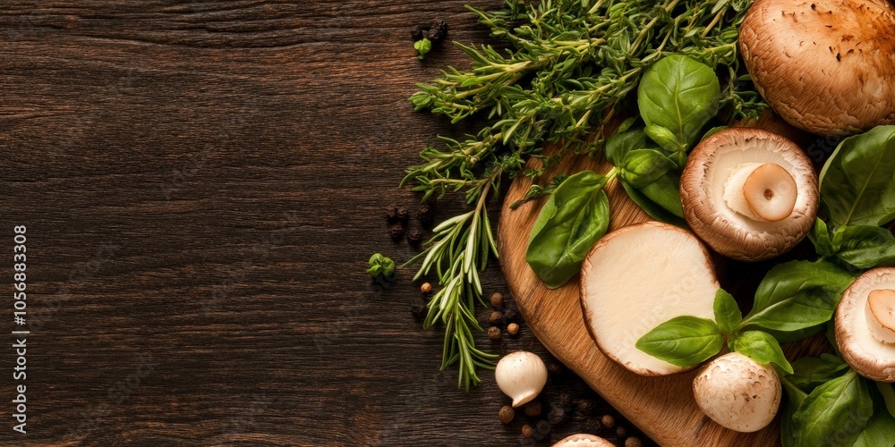 Sliced Mushrooms  Basil  Rosemary  and Black Pepper on Wooden Cutting Board
