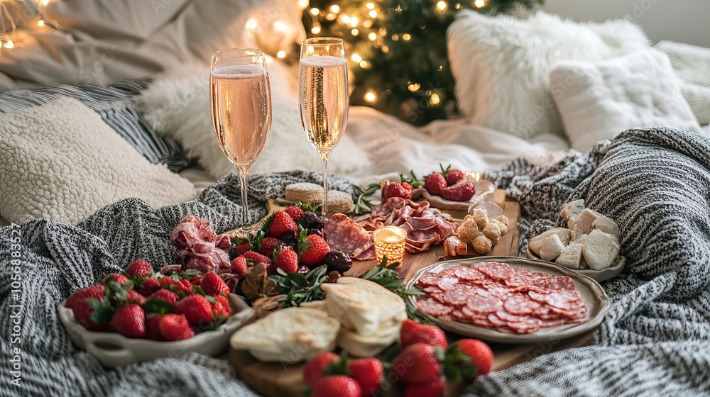 a cozy picnic with blankets, pillows, and a charcuterie board indoors, complete with rose strawberry champagne and New Year’s treats a cozy picnic with blankets, pillows, and a charcuterie board indoors, complete with rose strawberry champagne and New Year’s treats