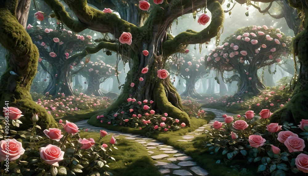 Obraz premium Dreamy Pink Rose Pathways in the Enchanted Wonderland Forest, Ai generated Images