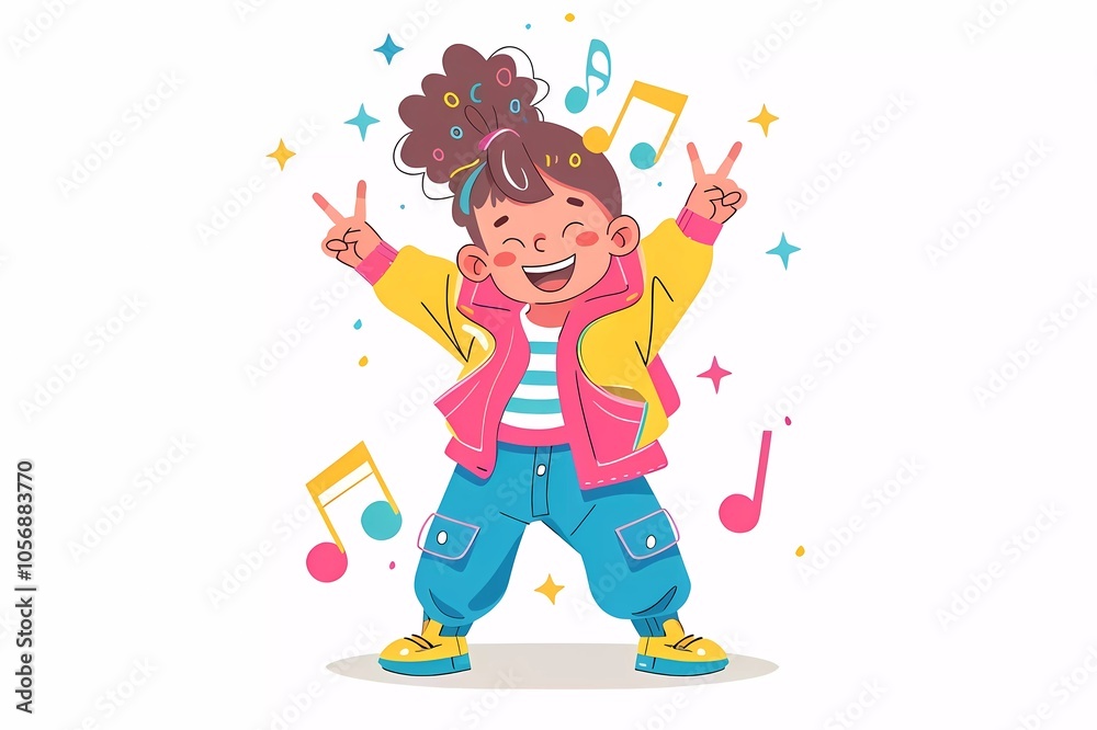 Smiling little girl in y2k outfit. Retro style 80s, 90s. cartoon bright illustration Smiling little girl in y2k outfit. Retro style 80s, 90s. cartoon bright illustration