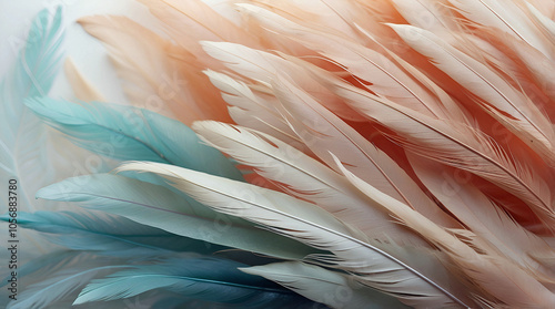 Delicate Arrangement Of Soft Feathers In Pastel Shades Of Blue Peach And Ivory Creating A Light Airy Composition With Elegant Flow