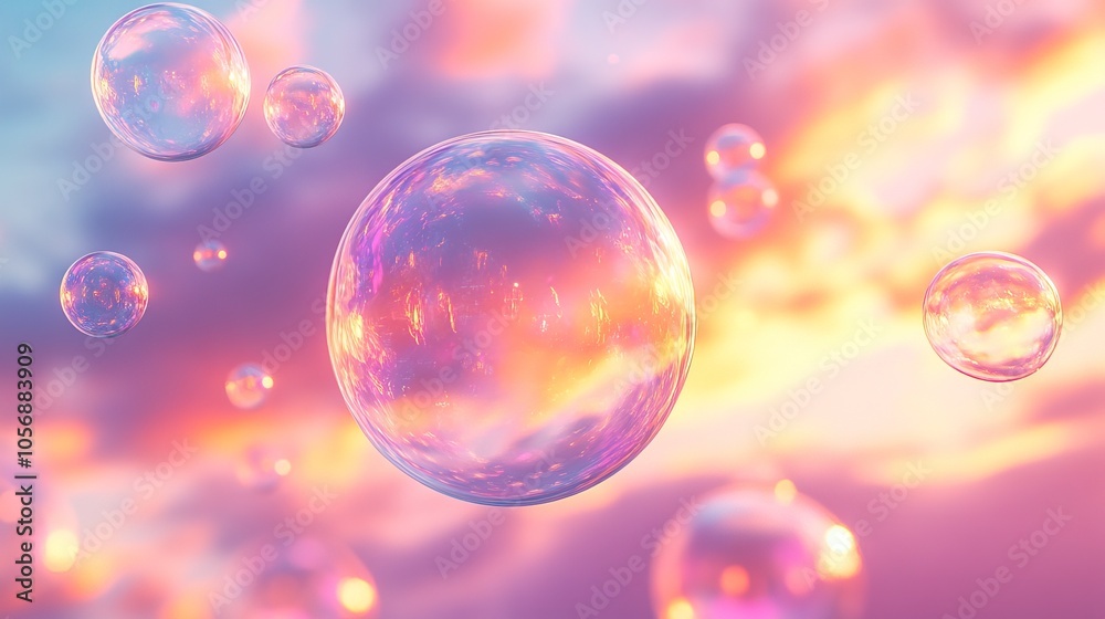 Soap bubbles fly against the sunset and pink sky clouds, wallpaper Soap bubbles fly against the sunset and pink sky clouds, wallpaper
