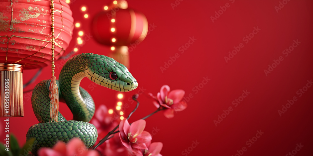 Snake Lunar New Year banner. Chinese New Year 2025. Chinese zodiac snake with blossoms and lantern on red background. Snake Lunar New Year banner. Chinese New Year 2025. Chinese zodiac snake with blossoms and lantern on red background.