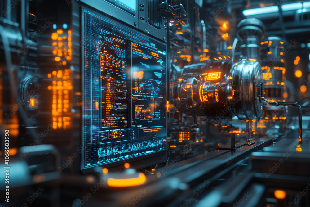 A futuristic, high-tech environment featuring glowing circuitry and intricate machinery in vibrant blue and orange hues.