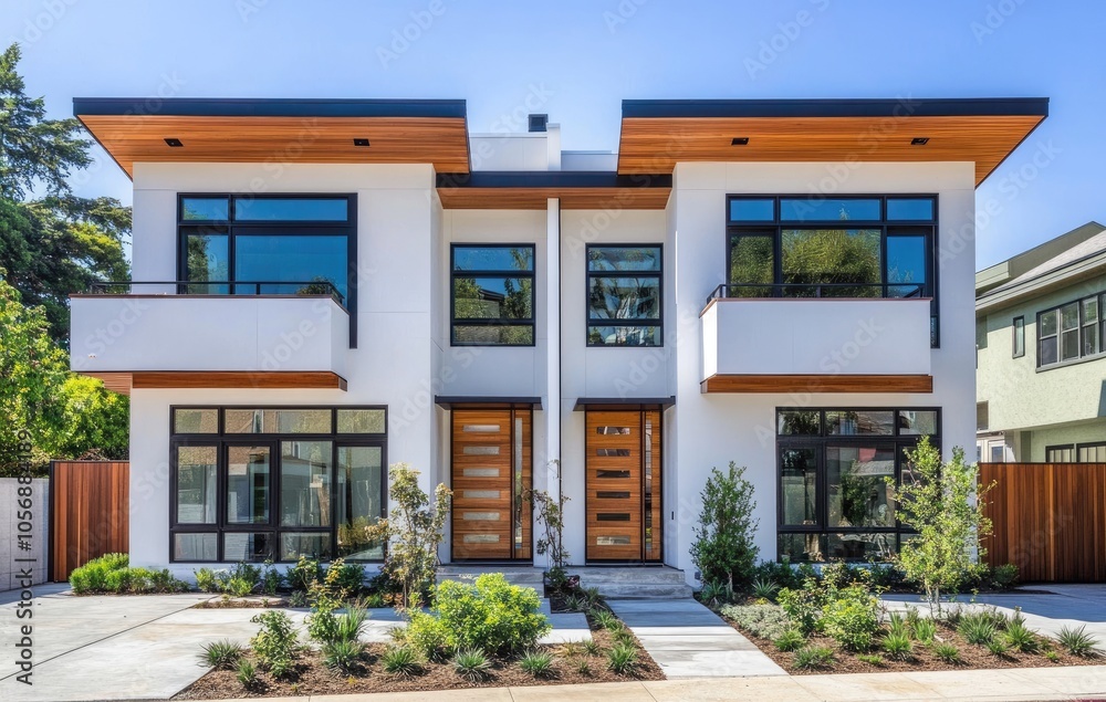 Fototapeta premium Modern home exterior with white stucco walls, wooden cladding, and large glass windows