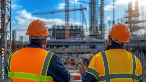 Construction workers observing site progress with safety gear on. Their discussion highlights importance of safety protocols in busy construction environment