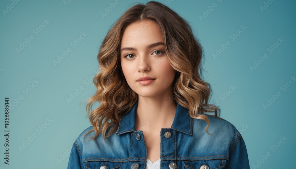 Close-Up Portrait of a Stylish Young Woman in Textured Denim Jacket with Wavy Hair. Stylish Portrait of Young Woman in Textured Denim Jacket. Close-Up Portrait of a Stylish Young Woman in Textured Denim Jacket with Wavy Hair. Stylish Portrait of Young Woman in Textured Denim Jacket.
