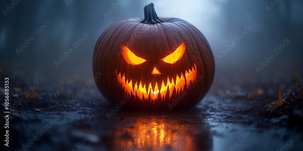 Scary glowing jack-o'-lantern pumpkin with sharp teeth for Halloween night decor. Scary glowing jack-o'-lantern pumpkin with sharp teeth for Halloween night decor.