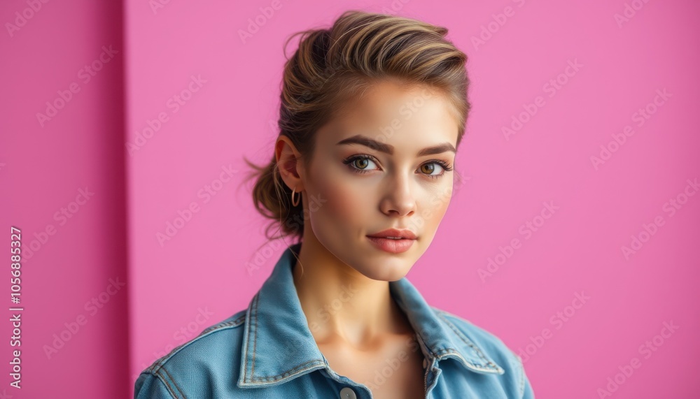 Close-Up Portrait of a Stylish Young Woman in Textured Denim Jacket with Wavy Hair. Stylish Portrait of Young Woman in Textured Denim Jacket. Close-Up Portrait of a Stylish Young Woman in Textured Denim Jacket with Wavy Hair. Stylish Portrait of Young Woman in Textured Denim Jacket.