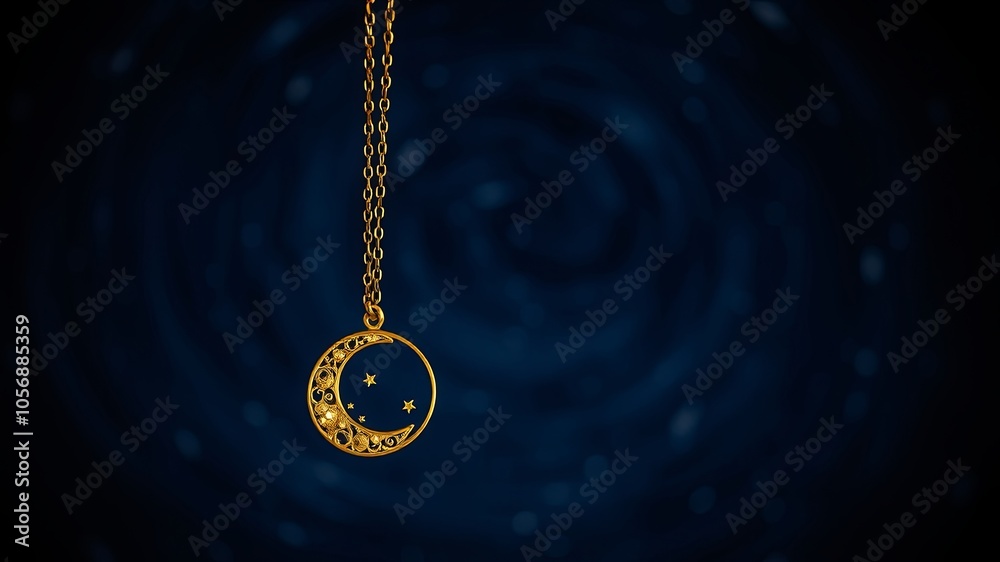 A delicate gold crescent moon pendant hangs against a backdrop of blurred blue and white, evoking a celestial night sky. A delicate gold crescent moon pendant hangs against a backdrop of blurred blue and white, evoking a celestial night sky.