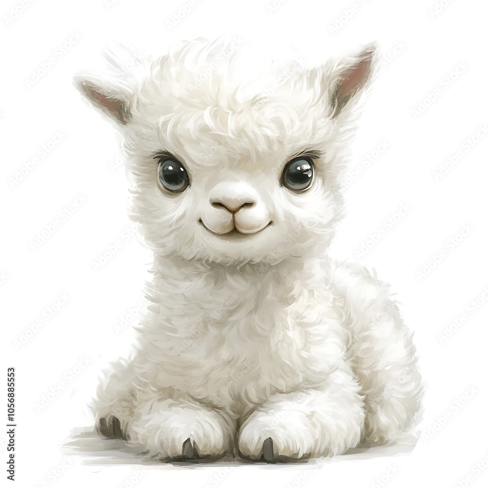 Cartoon baby alpaca looking fluffy on a white background.