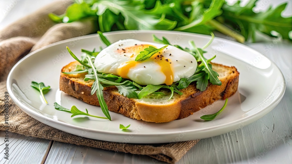 Fried toast topped with fresh arugula and a perfectly poached egg on a white plate, breakfast, brunch, healthy Fried toast topped with fresh arugula and a perfectly poached egg on a white plate, breakfast, brunch, healthy