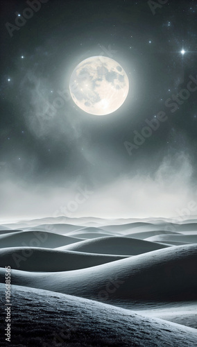 Luminous Full Moon Illuminating Dark Mystical Sand Dunes Under Starry Night Sky Creating A Serene Dreamscape Capturing Tranquility And Enigmatic Beauty