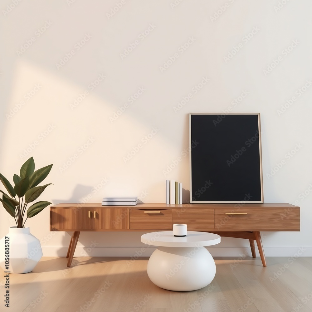 Minimalist living room with wooden console table, white coffee table, and a framed artwork. Minimalist living room with wooden console table, white coffee table, and a framed artwork.