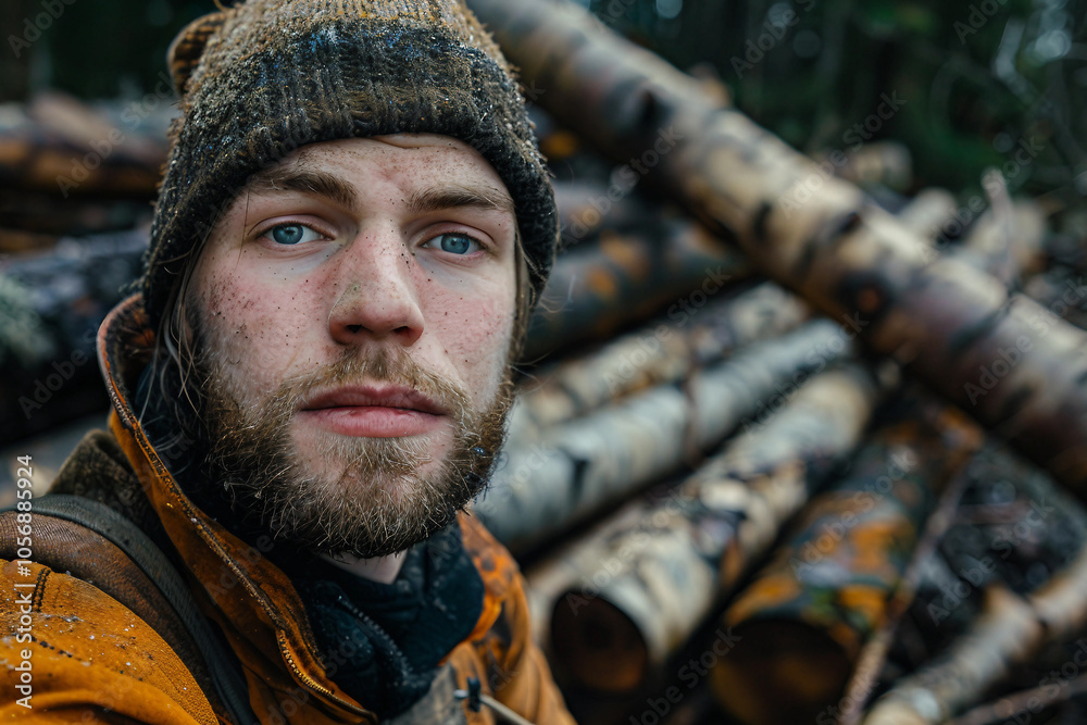Generative AI image of a handsome virile bearded woodcutter at work in a traditional woodworking workshop Generative AI image of a handsome virile bearded woodcutter at work in a traditional woodworking workshop