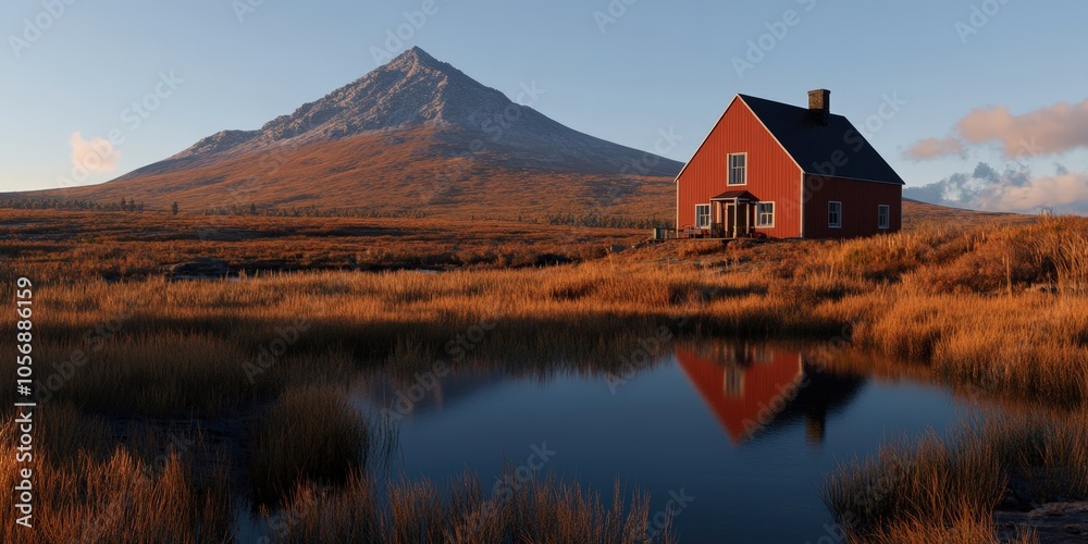 Naklejka premium Red Cabin Reflecting in Mountain Lake at Sunset