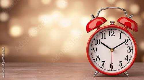 A classic red alarm clock sits on a wooden surface with a blurred warm background, symbolizing time management and nostalgia.