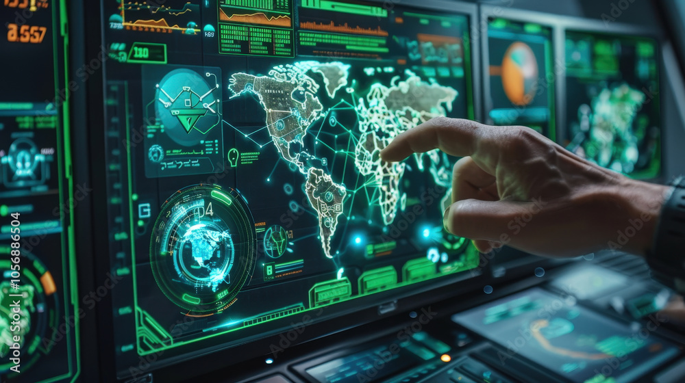 Futuristic holographic screen displaying world map with data visualization and analytics. hand interacts with interface, showcasing advanced technology and connectivity Futuristic holographic screen displaying world map with data visualization and analytics. hand interacts with interface, showcasing advanced technology and connectivity