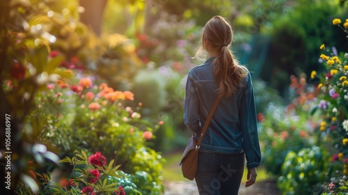 Fototapeta Naklejka Na Ścianę i Meble -  A woman strolling down a picturesque garden path