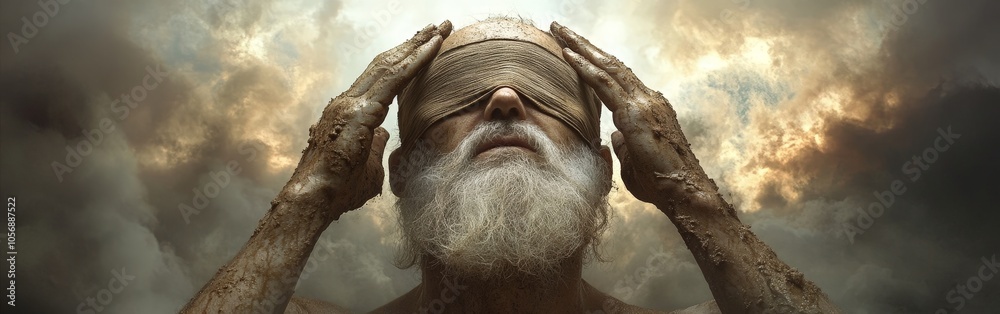 Naklejka premium Jesus healing the blind man through divine intervention
