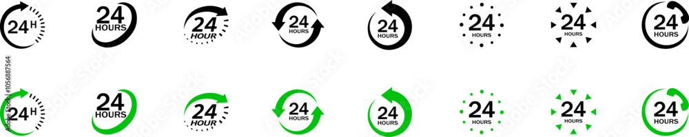 24 7 service icon set. 24/7 call, concept with green call icon. 24 hour support. Help desk. Vector illustration.