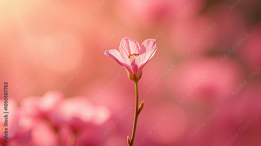 A delicate pink flower stands tall against a blurred backdrop of soft, rose-colored blooms, bathed in the warm glow of the setting sun. A delicate pink flower stands tall against a blurred backdrop of soft, rose-colored blooms, bathed in the warm glow of the setting sun.