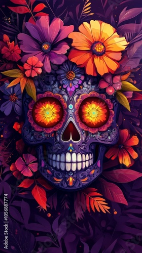 Day of the Dead skull with flowers and colorful geometric designs, symbolizing Mexican heritage