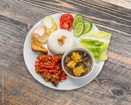 Traditional Indonesian Food - Ayam Penyet, Fried Duck, Green Sambal, Siomay Batagor, Soto Betawi, Rib Soup, Satay, Meatball photo