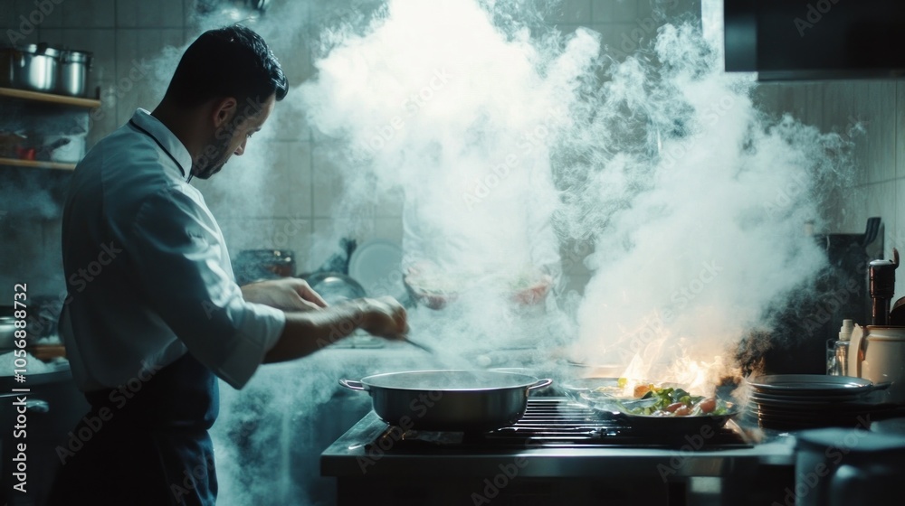 Chef Cooking in a Smoky Kitchen Chef Cooking in a Smoky Kitchen