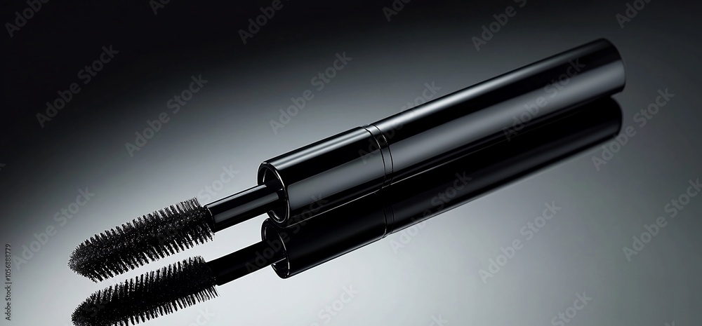 Black mascara wand with a brush on a dark background. Black mascara wand with a brush on a dark background.